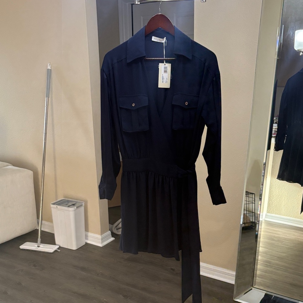 Ramy Brook Navy Long-Sleeve Shirt Dress with Waist Tie
